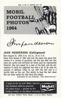 1964 Mobil Football Photos VFL #8 John Henderson Back